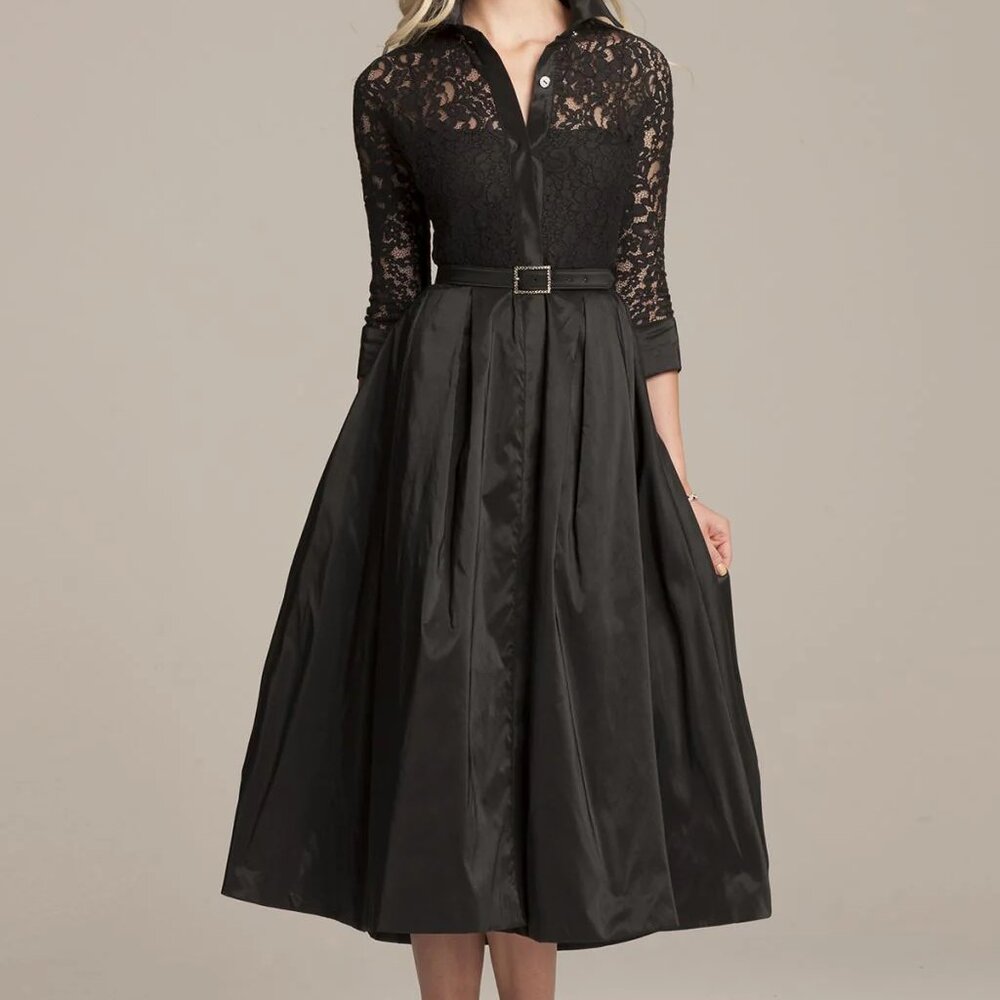 Rickie Freeman For Teri Jon  Black Lace Full Skirt Belted Cocktail Shirtdress 12